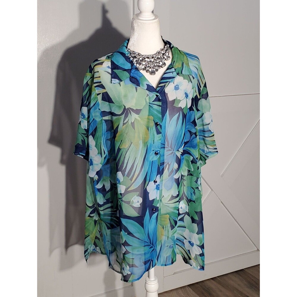 ERENA FLORAL TUNIC SHEER COLOR BLUE/GREEN SHORT SLEEVE SIZE 2X
